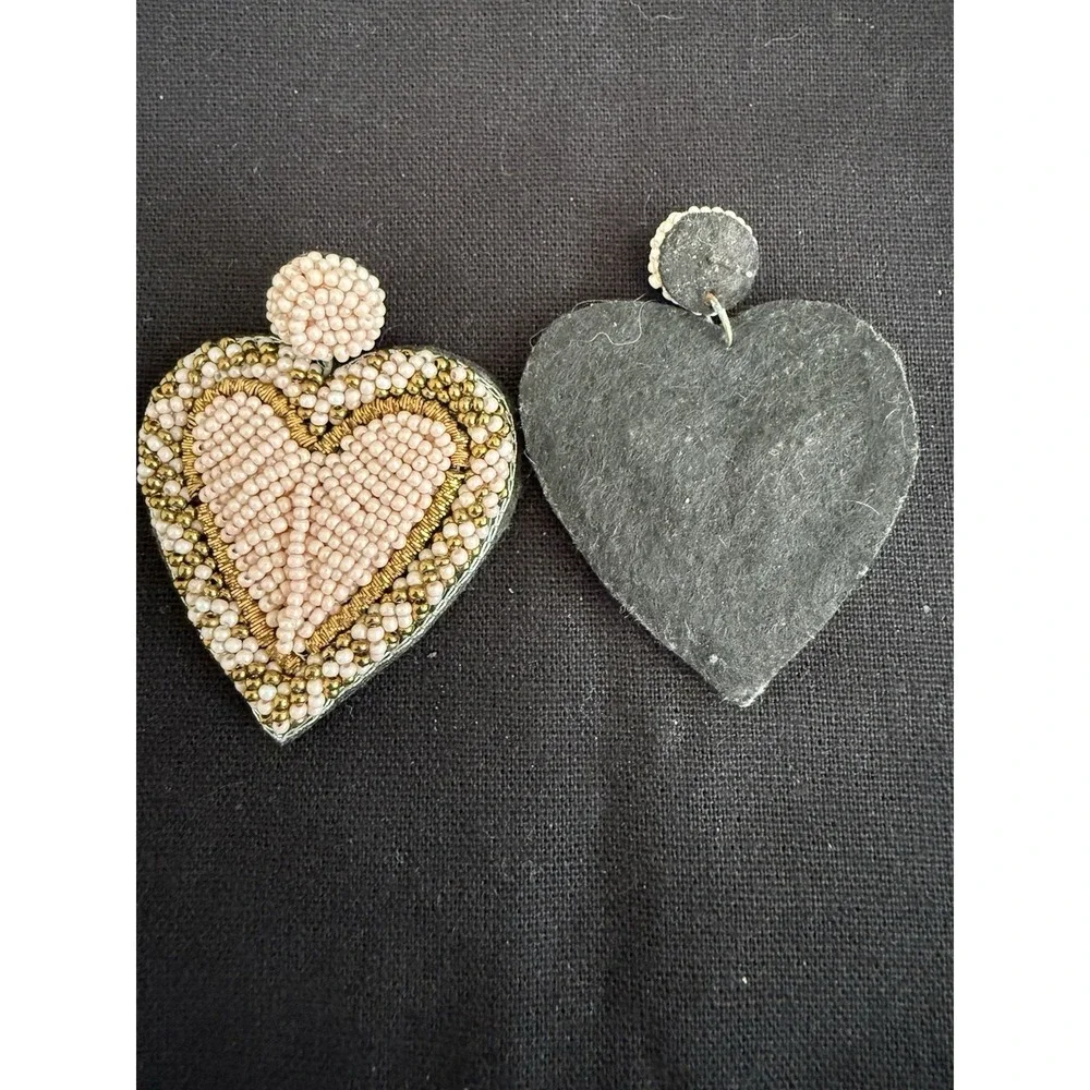 Antique Handcrafted Beaded Heart Dangle Earrings Pink Gold White Fabric Post